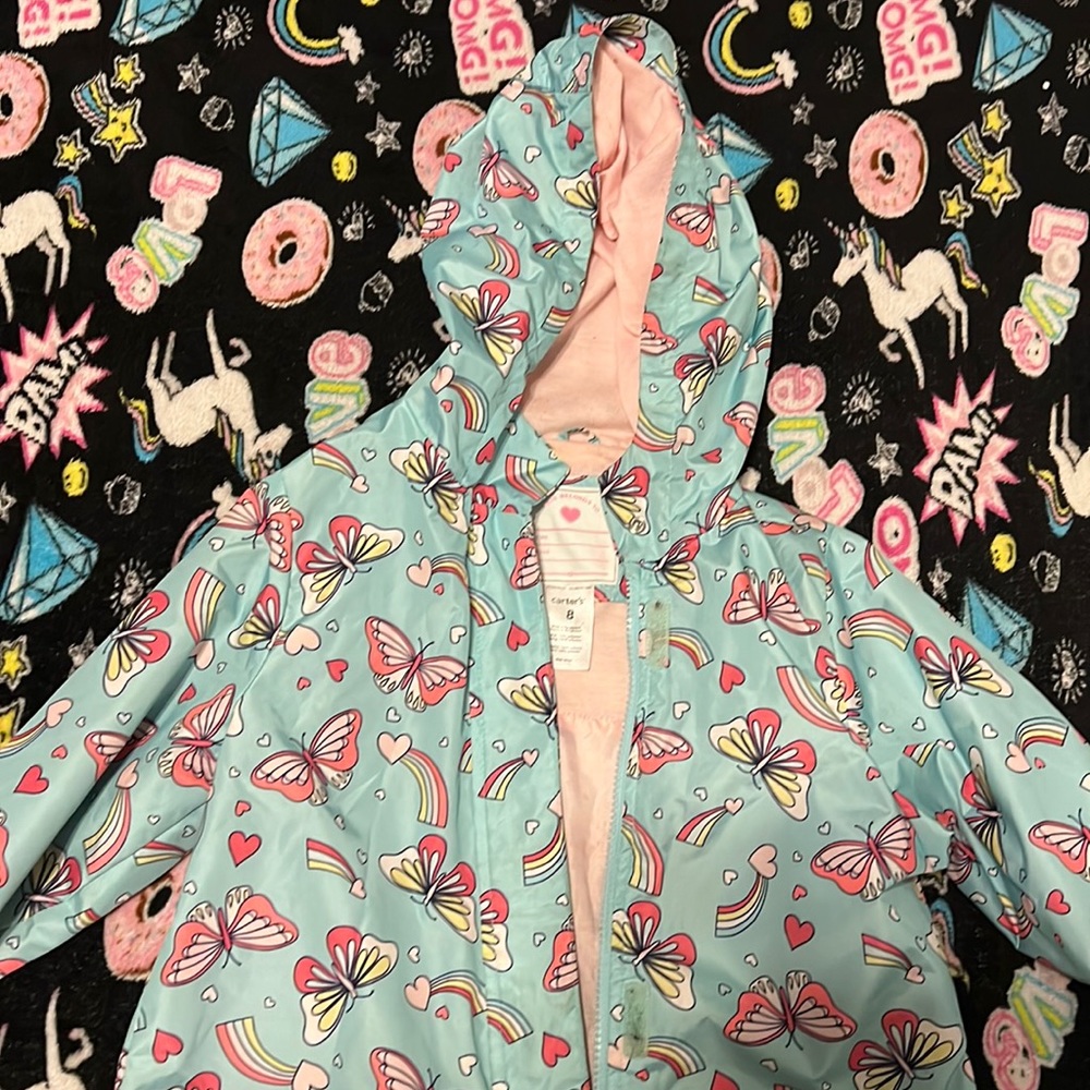 Carters size 8 baby blue butterfly and rainbows plus dainty hearts raincoat